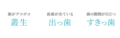 歯がデコボコ叢生/前歯が出ている出っ歯/歯の隙間が目立つすきっ歯